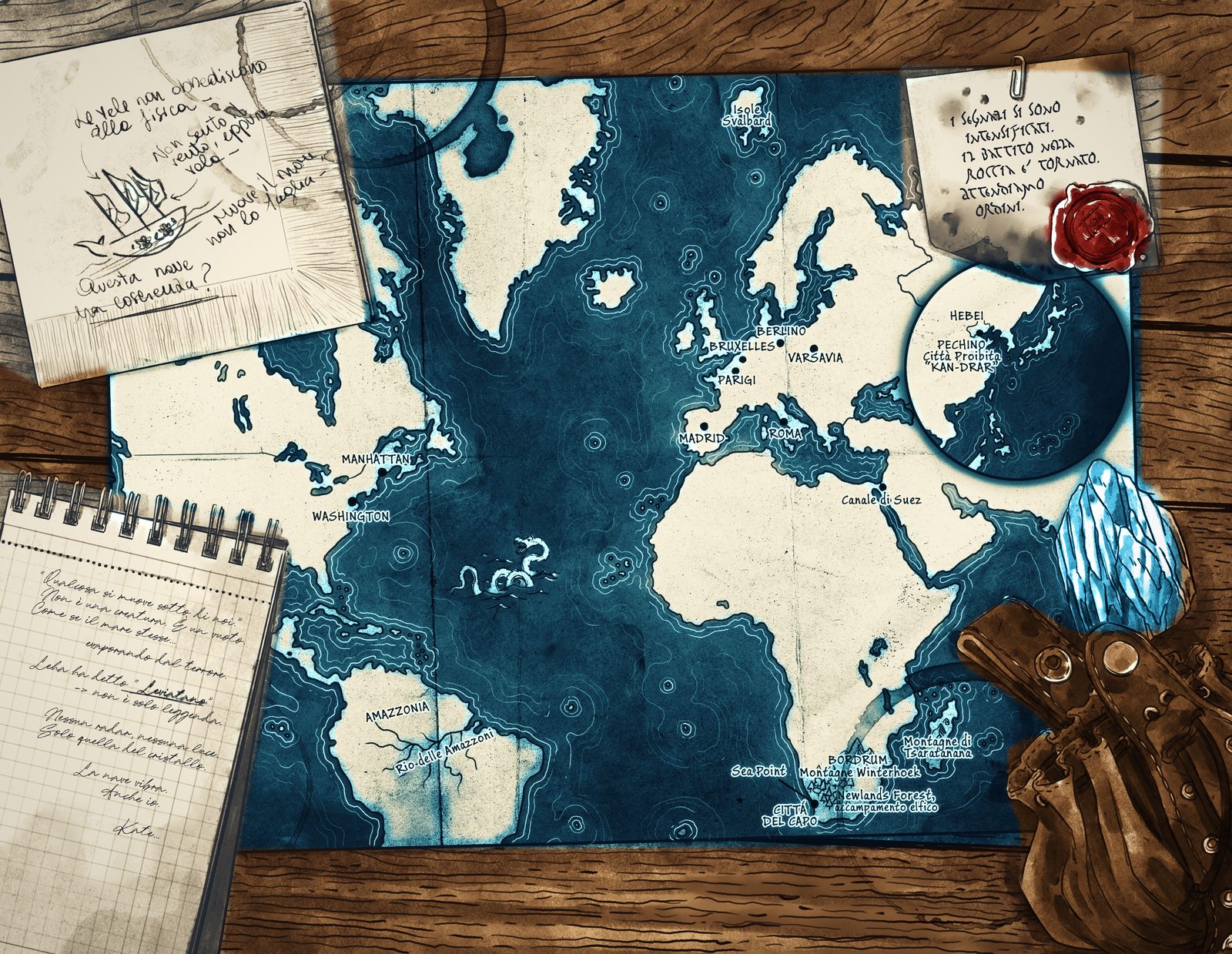 Mappa del mondo de Il Risveglio della Luce: l'Atlantico tra Nord America, Europa, Africa e Sud America, con il riquadro di Pechino, disegnata su un tavolo di legno tra appunti, un cristallo e una borsa di cuoio.